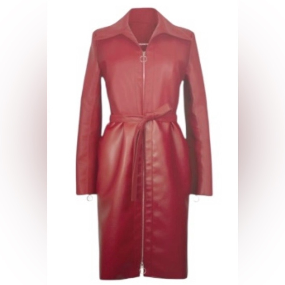 Orseund Iris Red Vegan Leather Belted Trench Coat Jacket Statement Designer L - Picture 6 of 15